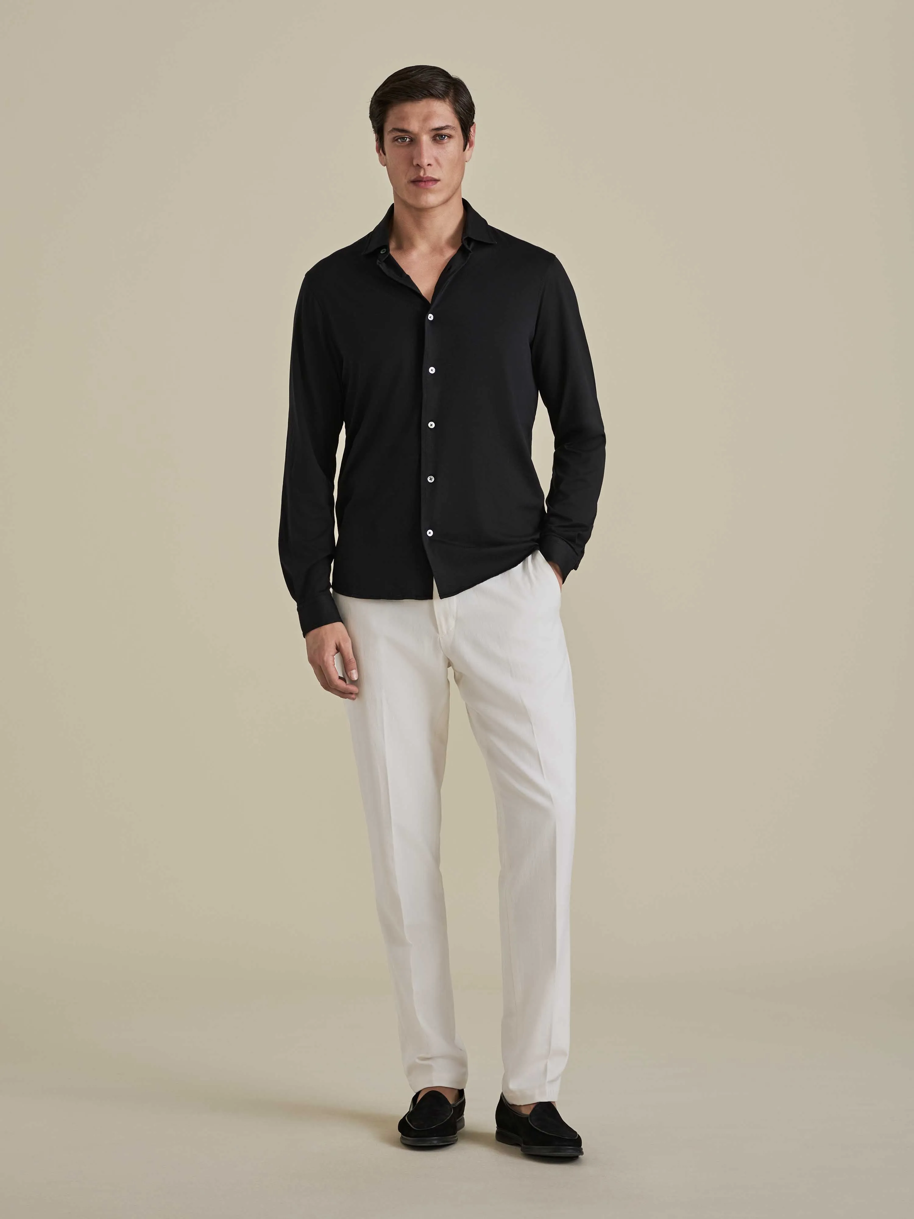 Cotton Jersey Long Sleeve Button Through Polo Shirt