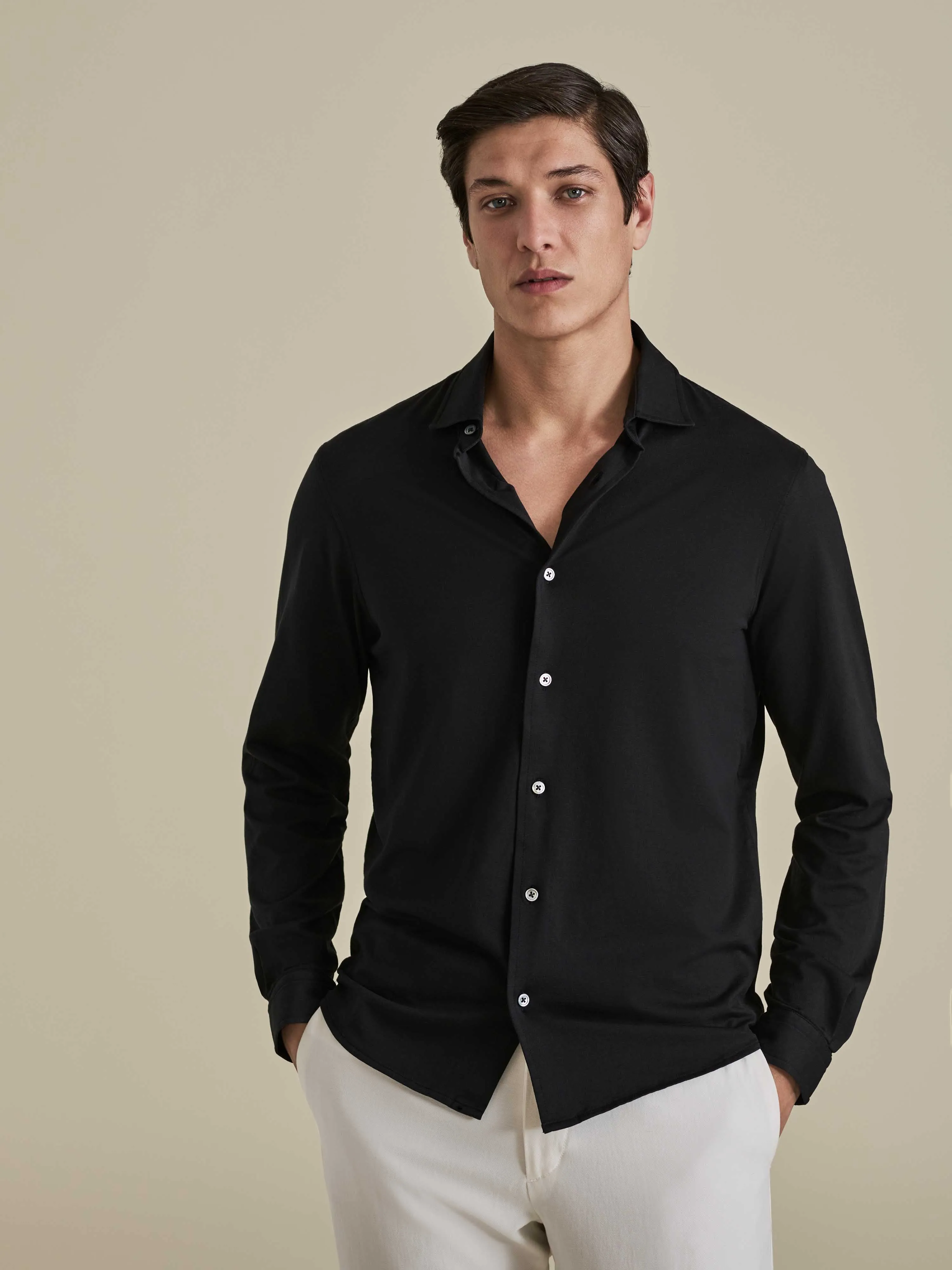 Cotton Jersey Long Sleeve Button Through Polo Shirt