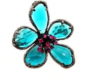Designer Antique Silver Framed Hot Pink Pistil Turquoise Blue Rhinestone Flower Brooch Pin for Women Fashion
