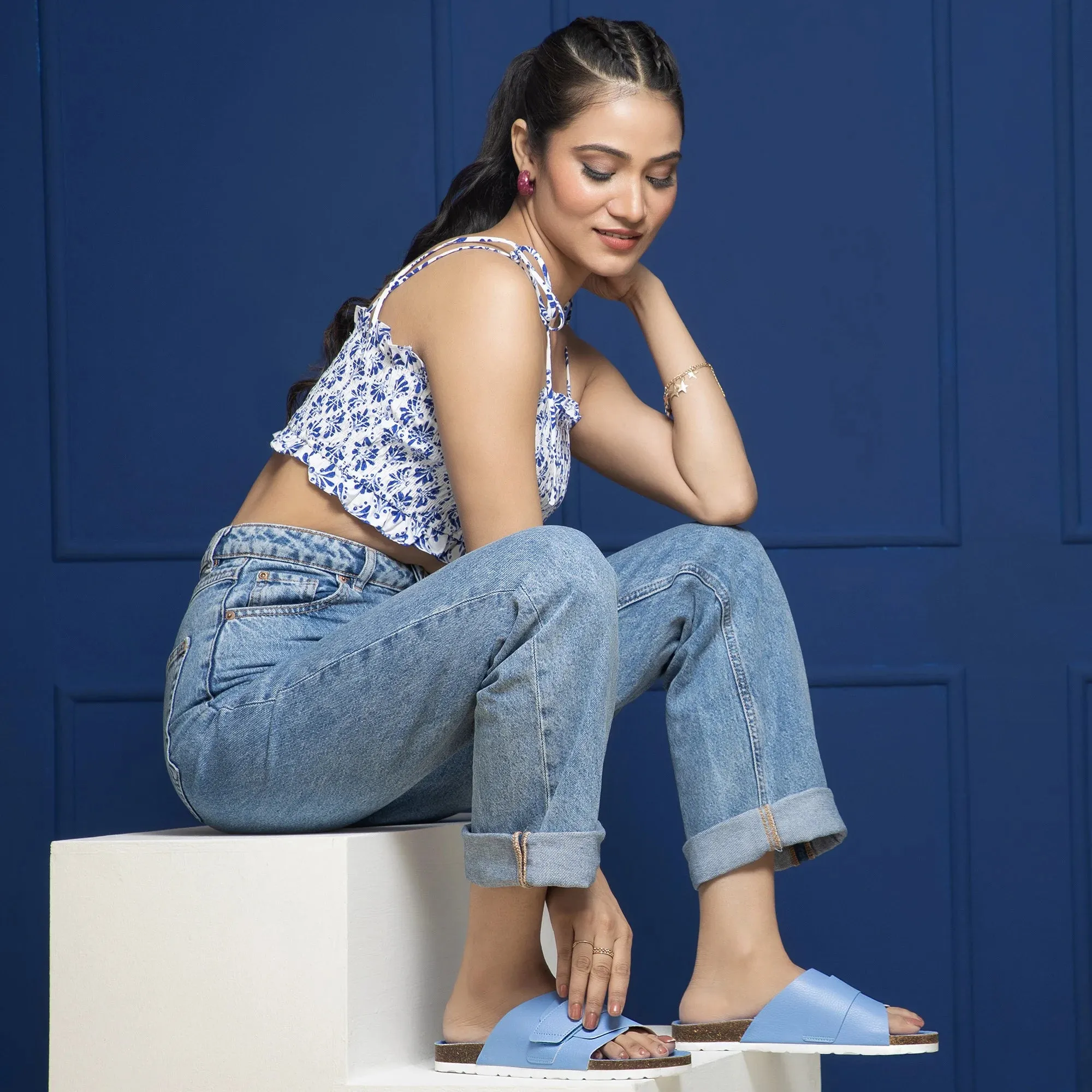 Double Layered Bubbly Blue Cork Ladies Sandals