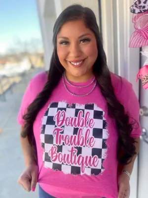 DOUBLE TROUBLE LOGO PROMO TEE - CHECKER PINK 3/3/25