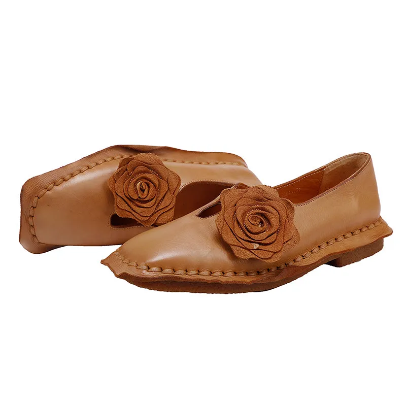 Elegant Washed Cowhide Leather Flats Loafers with Flower Embellishment in Camel/Coffee