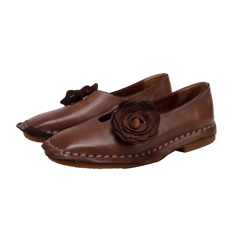 Elegant Washed Cowhide Leather Flats Loafers with Flower Embellishment in Camel/Coffee