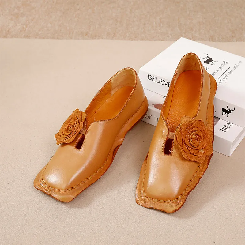 Elegant Washed Cowhide Leather Flats Loafers with Flower Embellishment in Camel/Coffee