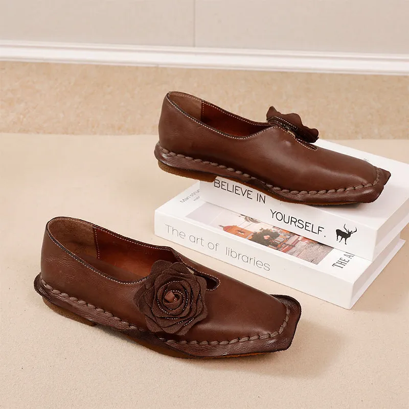 Elegant Washed Cowhide Leather Flats Loafers with Flower Embellishment in Camel/Coffee