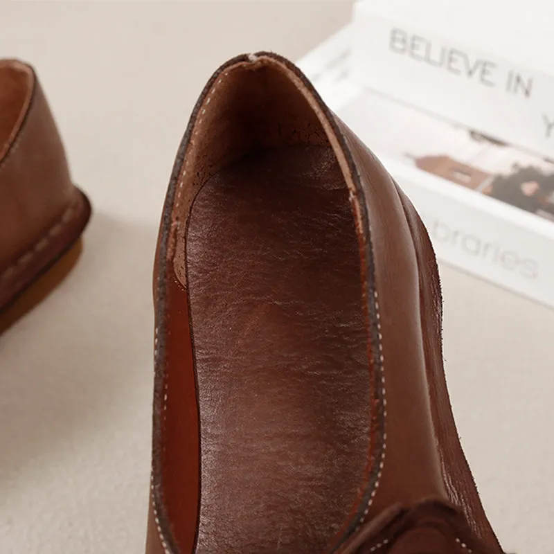 Elegant Washed Cowhide Leather Flats Loafers with Flower Embellishment in Camel/Coffee