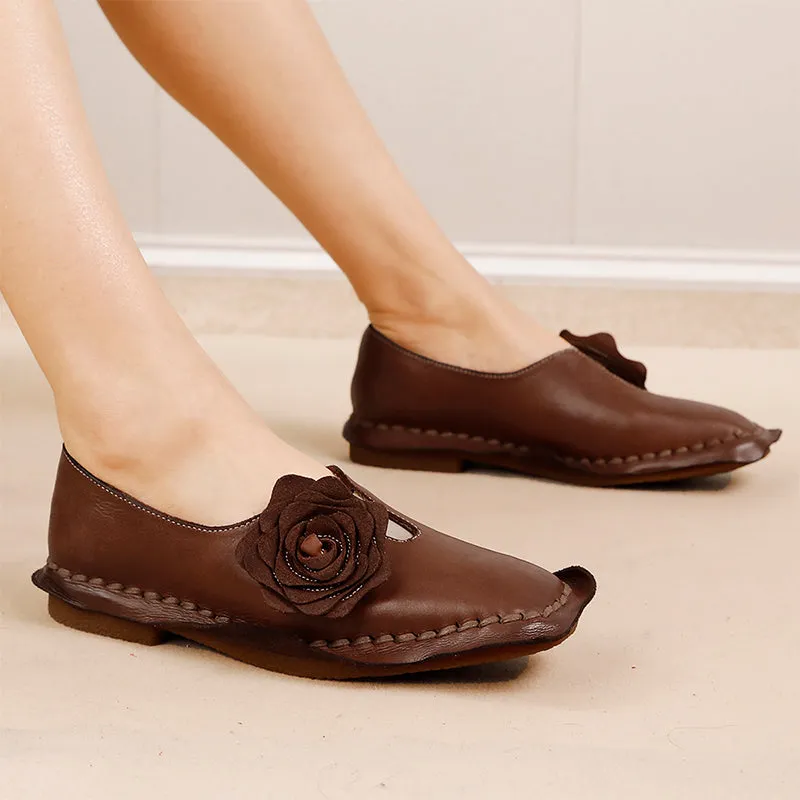 Elegant Washed Cowhide Leather Flats Loafers with Flower Embellishment in Camel/Coffee