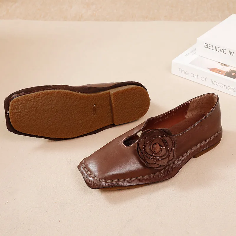 Elegant Washed Cowhide Leather Flats Loafers with Flower Embellishment in Camel/Coffee