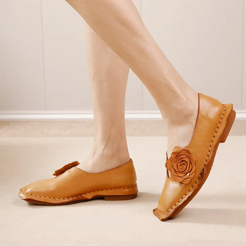Elegant Washed Cowhide Leather Flats Loafers with Flower Embellishment in Camel/Coffee