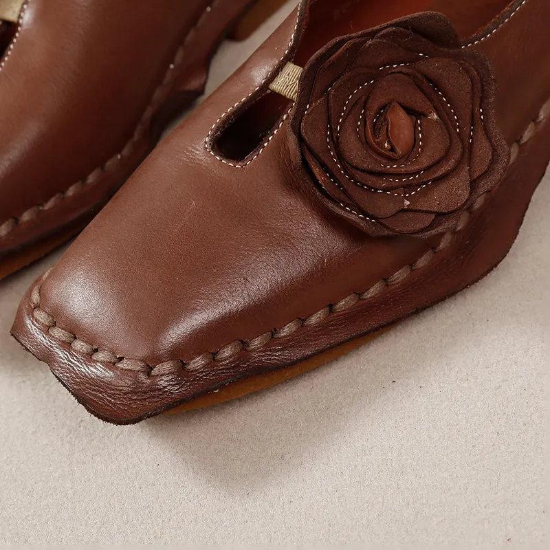 Elegant Washed Cowhide Leather Flats Loafers with Flower Embellishment in Camel/Coffee