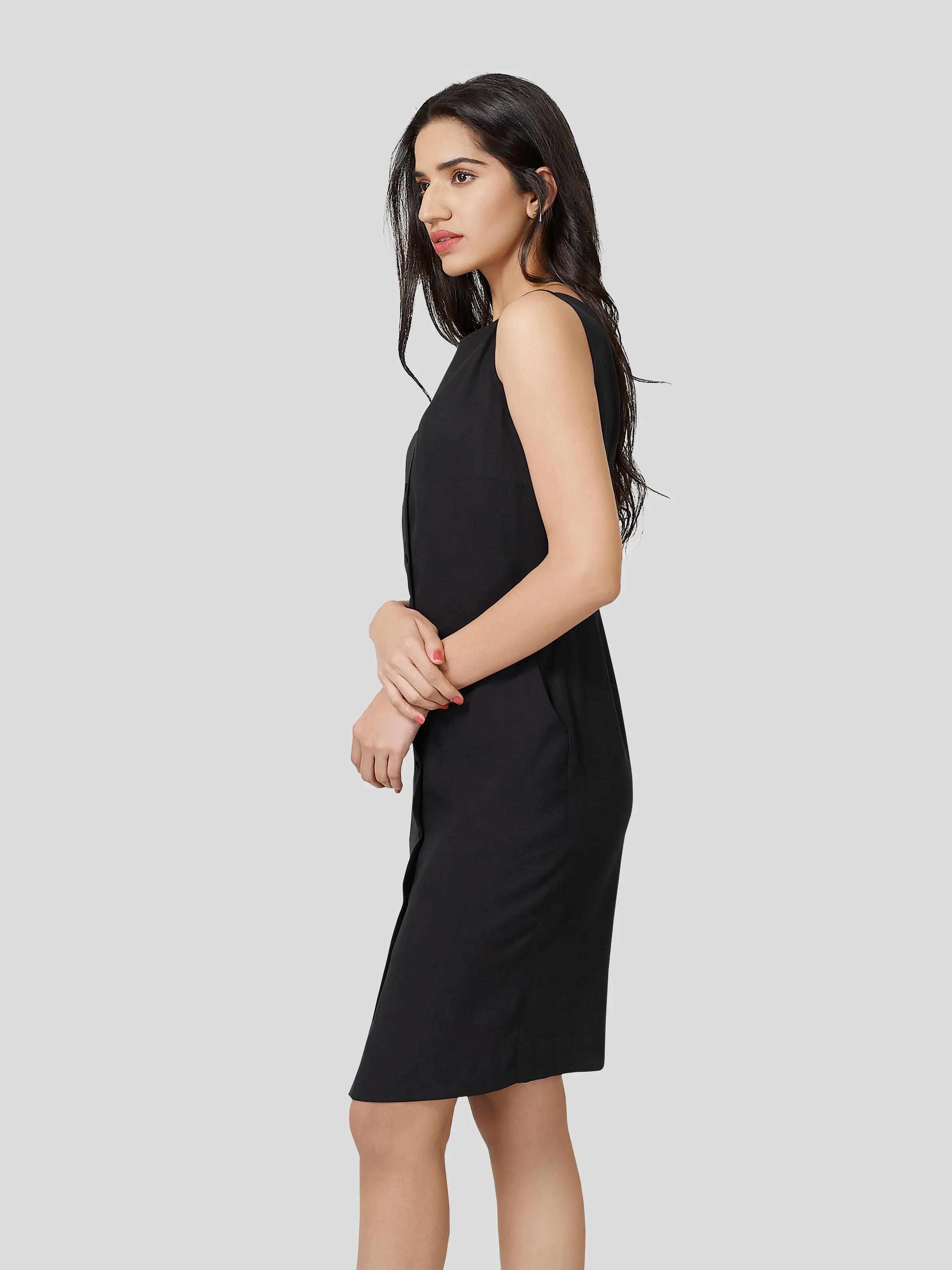 Elfin Front Buttoned Black Dress