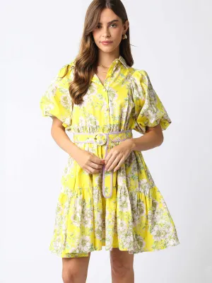 Floral Belted Yellow Dress
