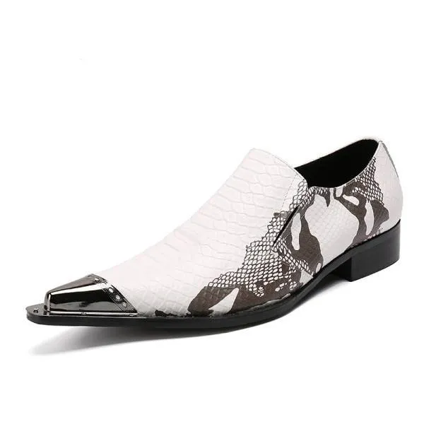 Genuine Leather White Based Scaled Pattern Slip-On Oxford Shoes