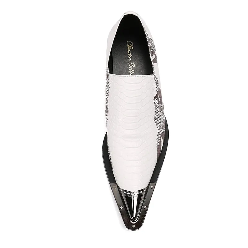 Genuine Leather White Based Scaled Pattern Slip-On Oxford Shoes