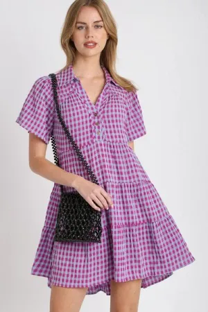 Gingham Tiered Button Detail Short Sleeve Dress