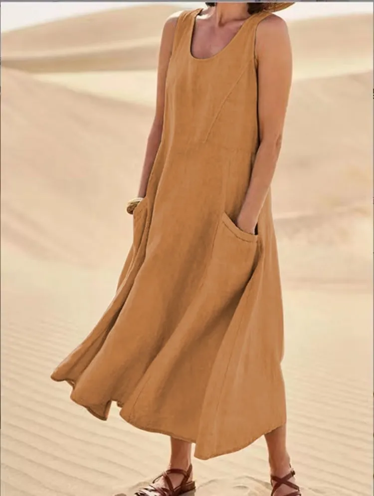 Hot Promotion 49% OffWomen's Sleeveless Cotton And Linen Dress With Pockets