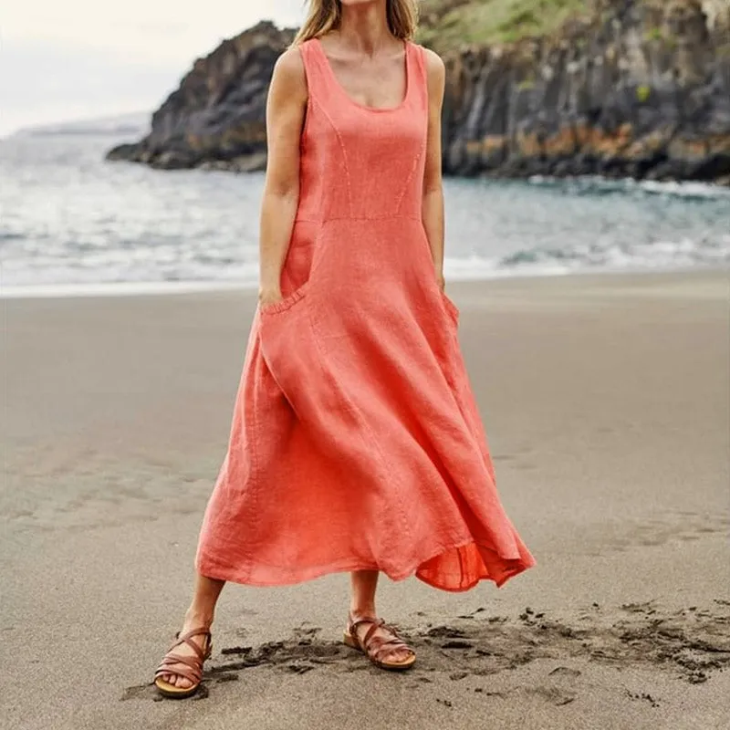 Hot Promotion 49% OffWomen's Sleeveless Cotton And Linen Dress With Pockets