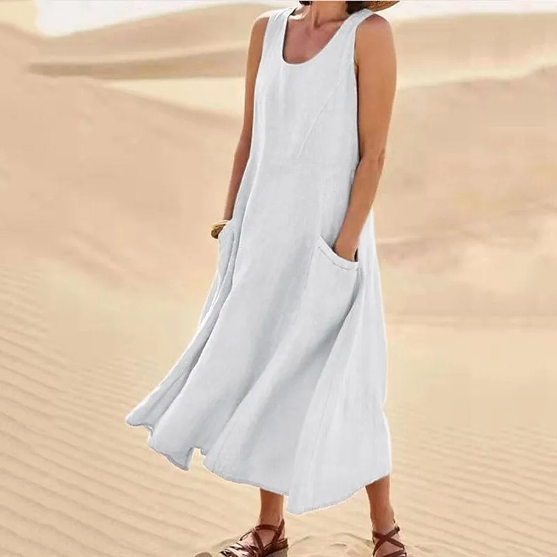 Hot Promotion 49% OffWomen's Sleeveless Cotton And Linen Dress With Pockets
