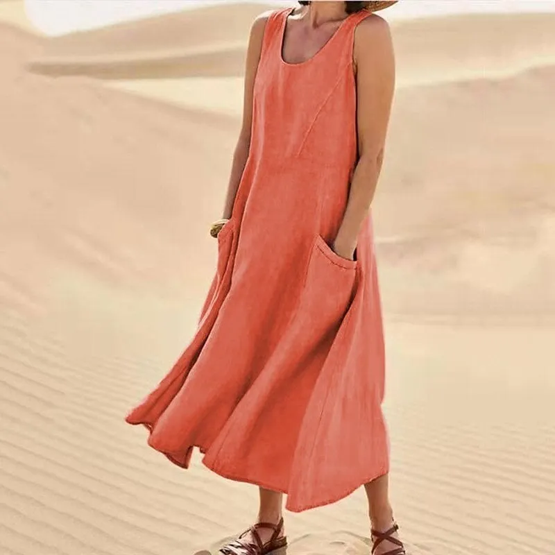 Hot Promotion 49% OffWomen's Sleeveless Cotton And Linen Dress With Pockets