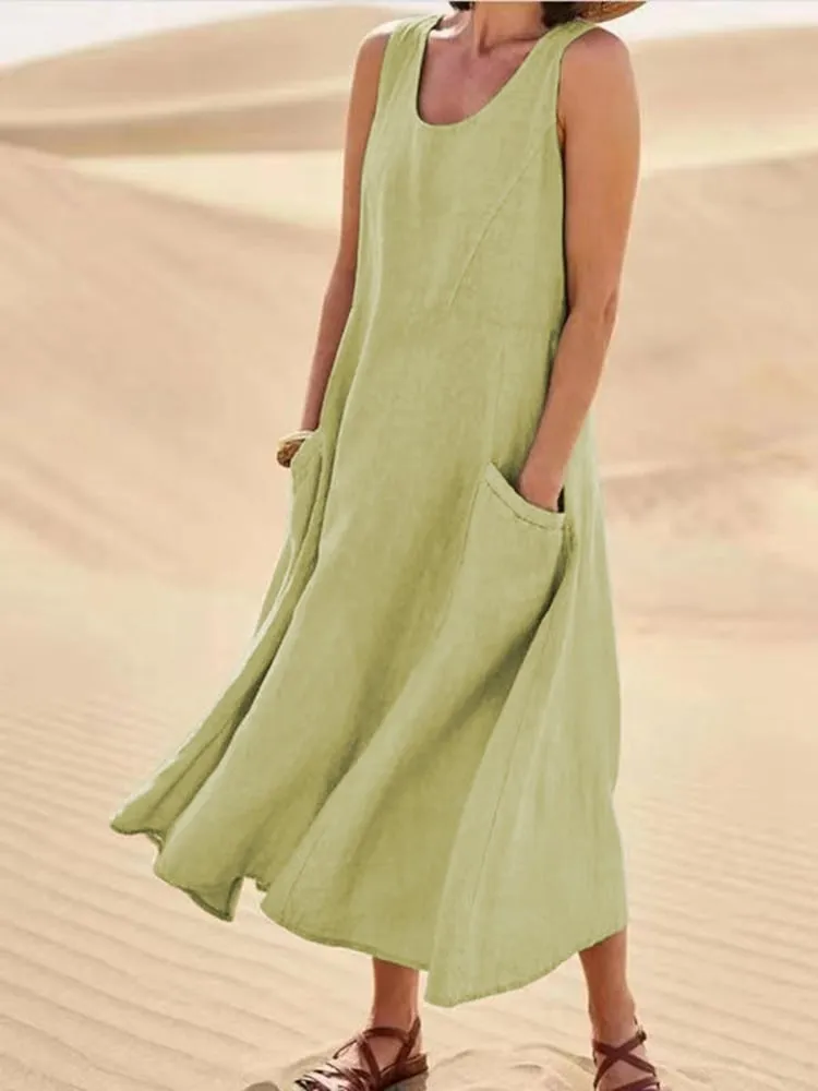Hot Promotion 49% OffWomen's Sleeveless Cotton And Linen Dress With Pockets