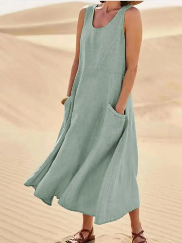 Hot Promotion 49% OffWomen's Sleeveless Cotton And Linen Dress With Pockets