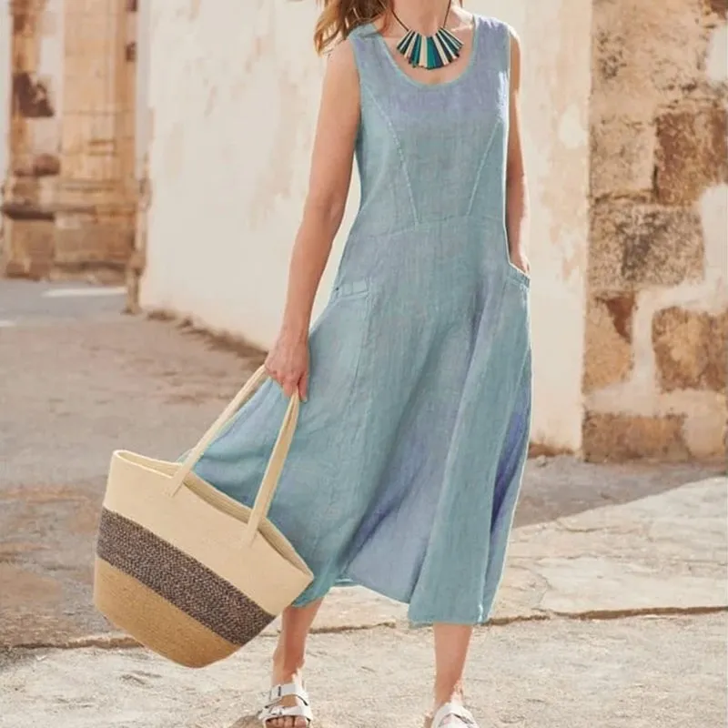 Hot Promotion 49% OffWomen's Sleeveless Cotton And Linen Dress With Pockets