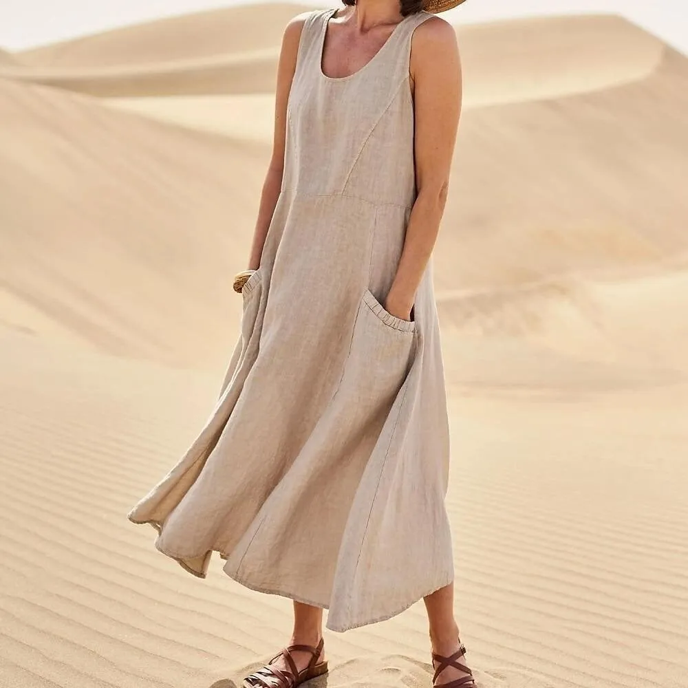 Hot Promotion 49% OffWomen's Sleeveless Cotton And Linen Dress With Pockets