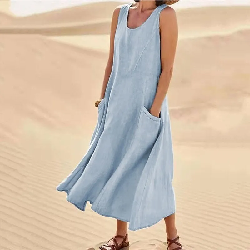 Hot Promotion 49% OffWomen's Sleeveless Cotton And Linen Dress With Pockets
