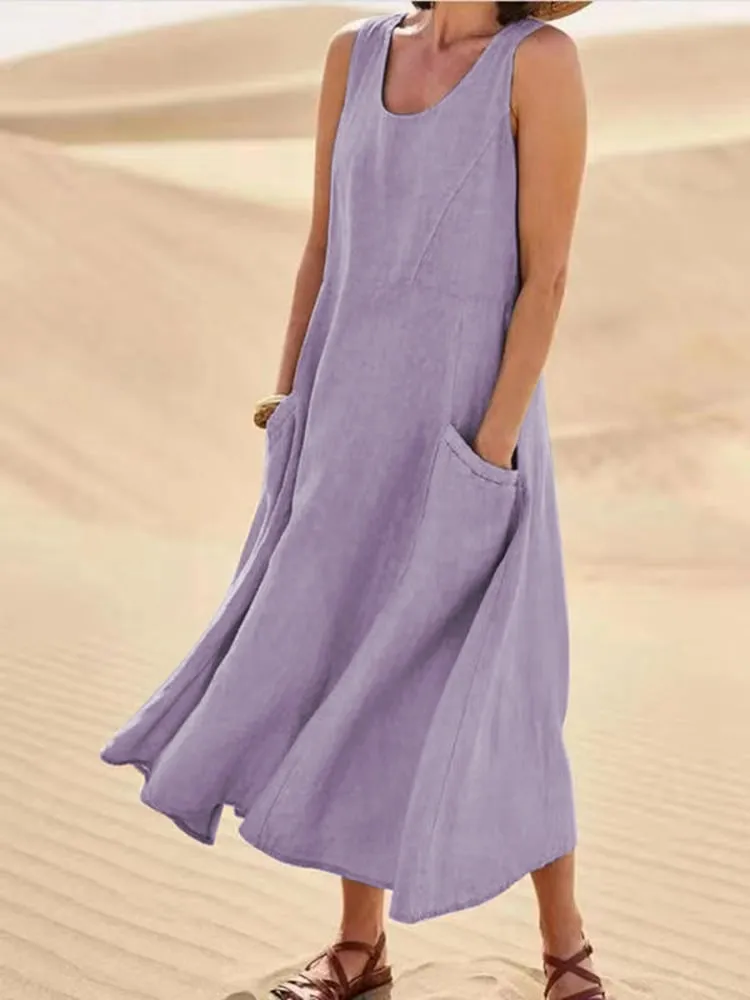 Hot Promotion 49% OffWomen's Sleeveless Cotton And Linen Dress With Pockets