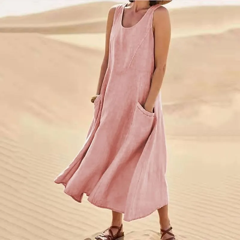 Hot Promotion 49% OffWomen's Sleeveless Cotton And Linen Dress With Pockets
