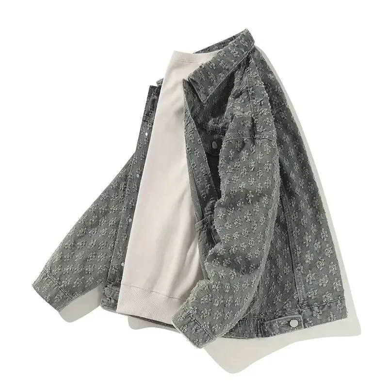 Jacquard Pattern Denim Vintage Jean Coat | Casual Lapel Shirt Wide-Leg Pants BUNDLE