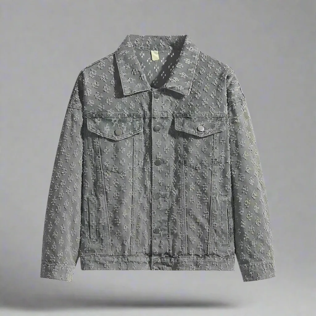 Jacquard Pattern Denim Vintage Jean Coat | Casual Lapel Shirt Wide-Leg Pants BUNDLE