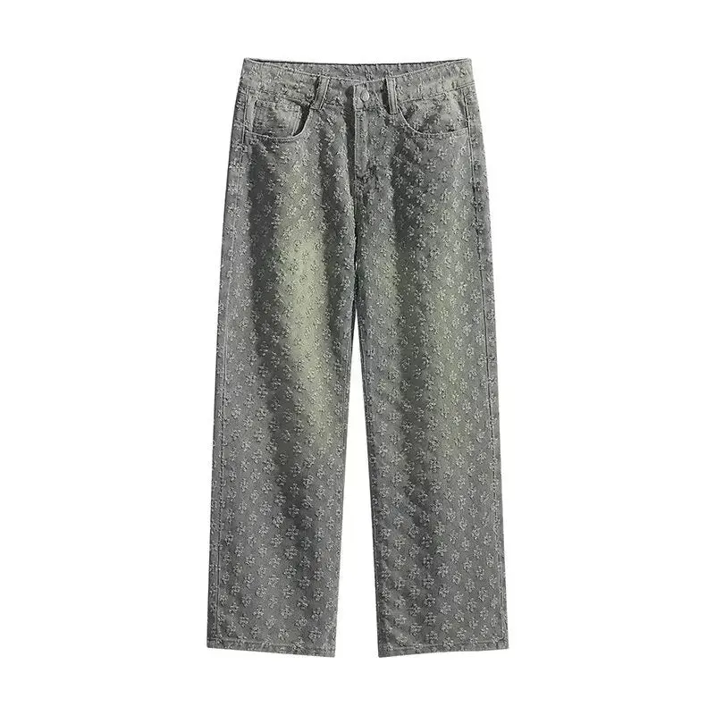 Jacquard Pattern Denim Vintage Jean Coat | Casual Lapel Shirt Wide-Leg Pants BUNDLE