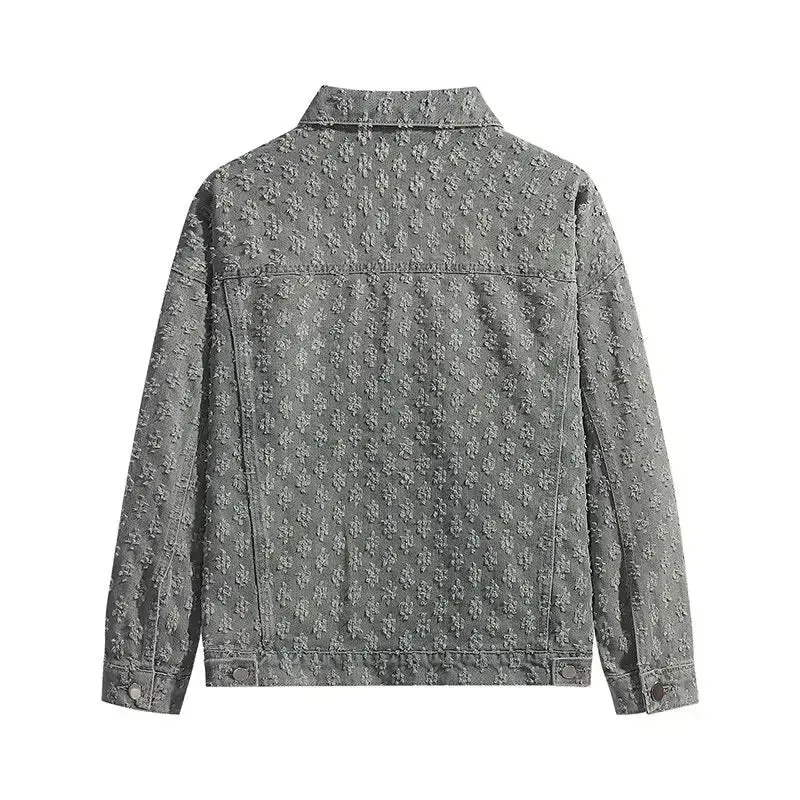 Jacquard Pattern Denim Vintage Jean Coat | Casual Lapel Shirt Wide-Leg Pants BUNDLE