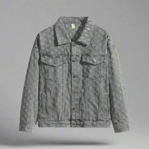 Jacquard Pattern Denim Vintage Jean Coat | Casual Lapel Shirt Wide-Leg Pants BUNDLE