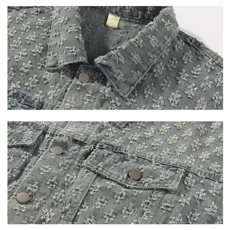 Jacquard Pattern Denim Vintage Jean Coat | Casual Lapel Shirt Wide-Leg Pants BUNDLE