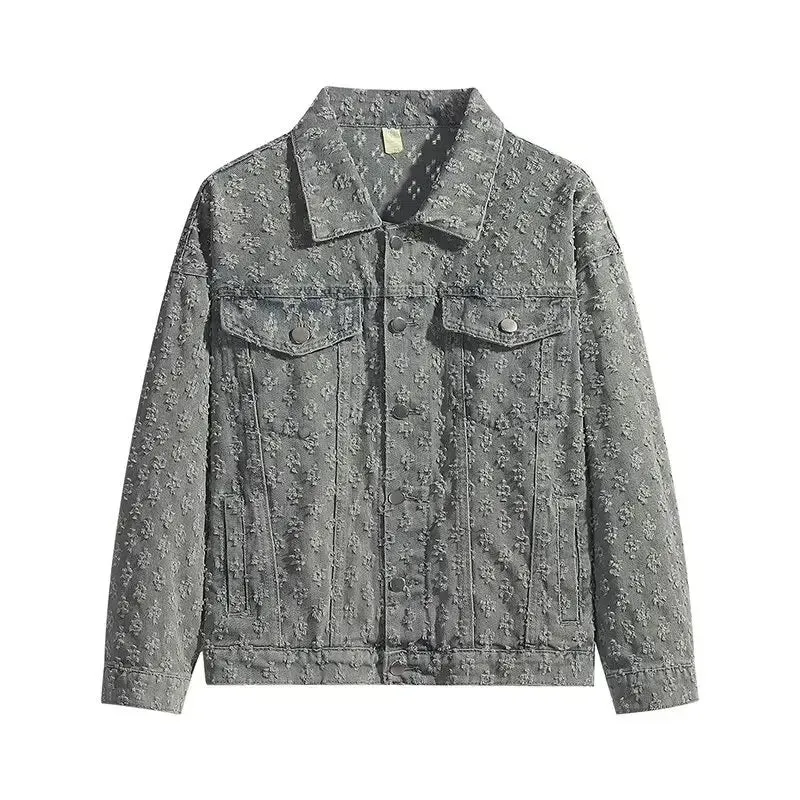 Jacquard Pattern Denim Vintage Jean Coat | Casual Lapel Shirt Wide-Leg Pants BUNDLE