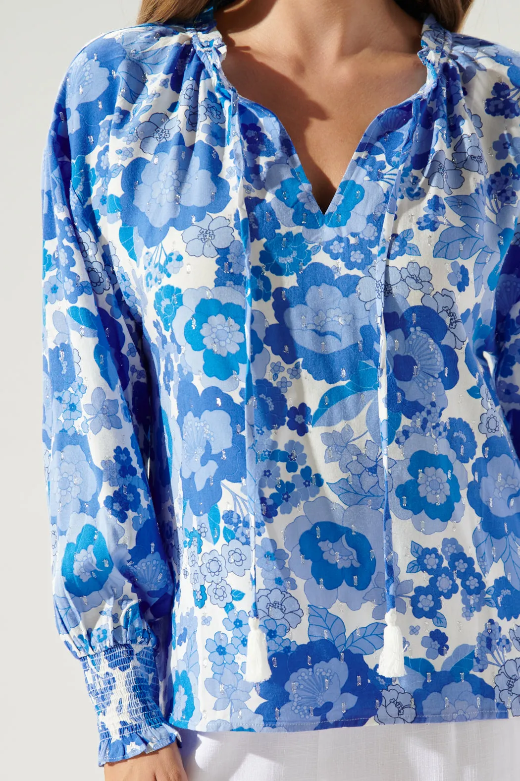 Juliani Floral Weylin Split Neck Tassel Blouse