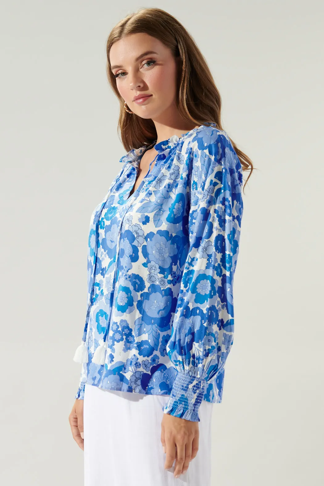 Juliani Floral Weylin Split Neck Tassel Blouse