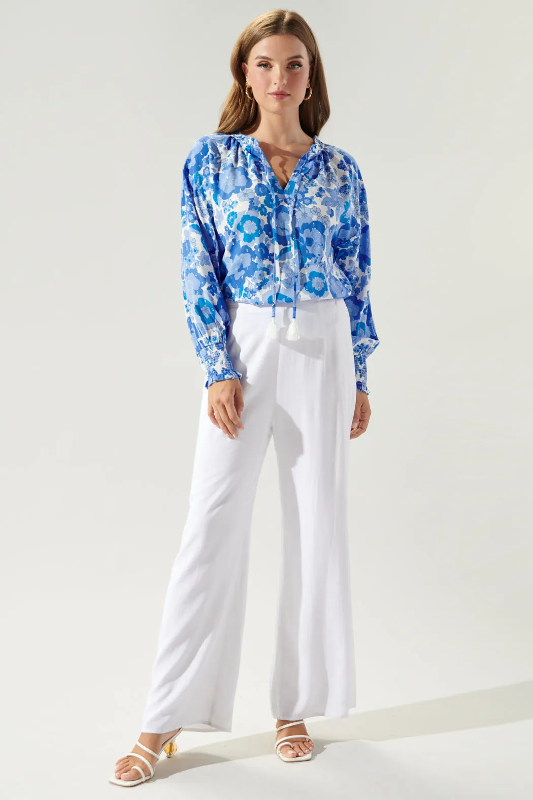 Juliani Floral Weylin Split Neck Tassel Blouse