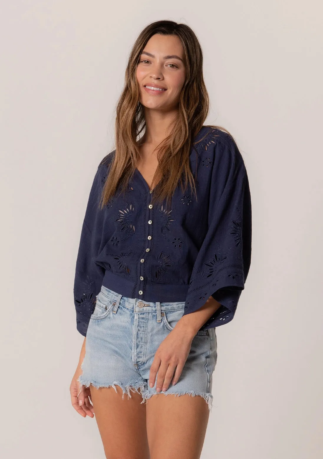 Kimono Sleeve Cropped Embroidered Eyelet Blouse Navy