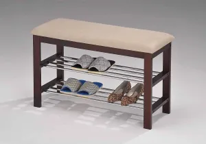 Legacy Decor Black and Brown Wood Shoe Bench with Two Metal Racks and Ultra Suede Seat Cushion