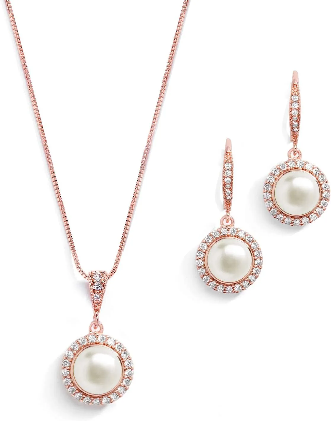 Mariell Pearl Bridal Wedding Necklace & Earrings Jewelry Set for Brides, Bridesmaids, Rose Gold Jewelry