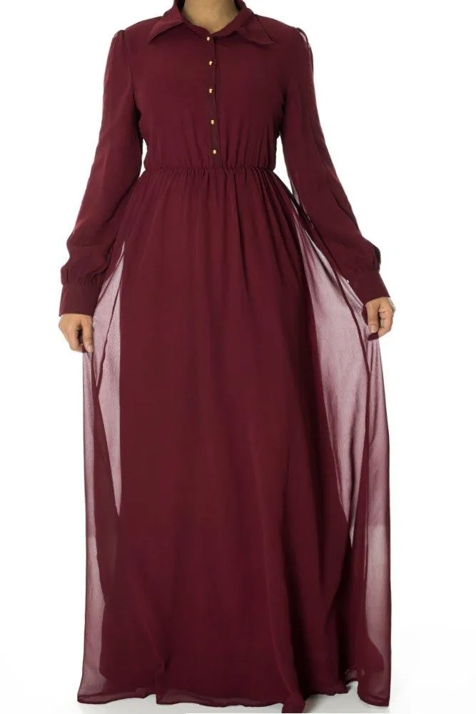 Maroon Buttons Chiffon Dress