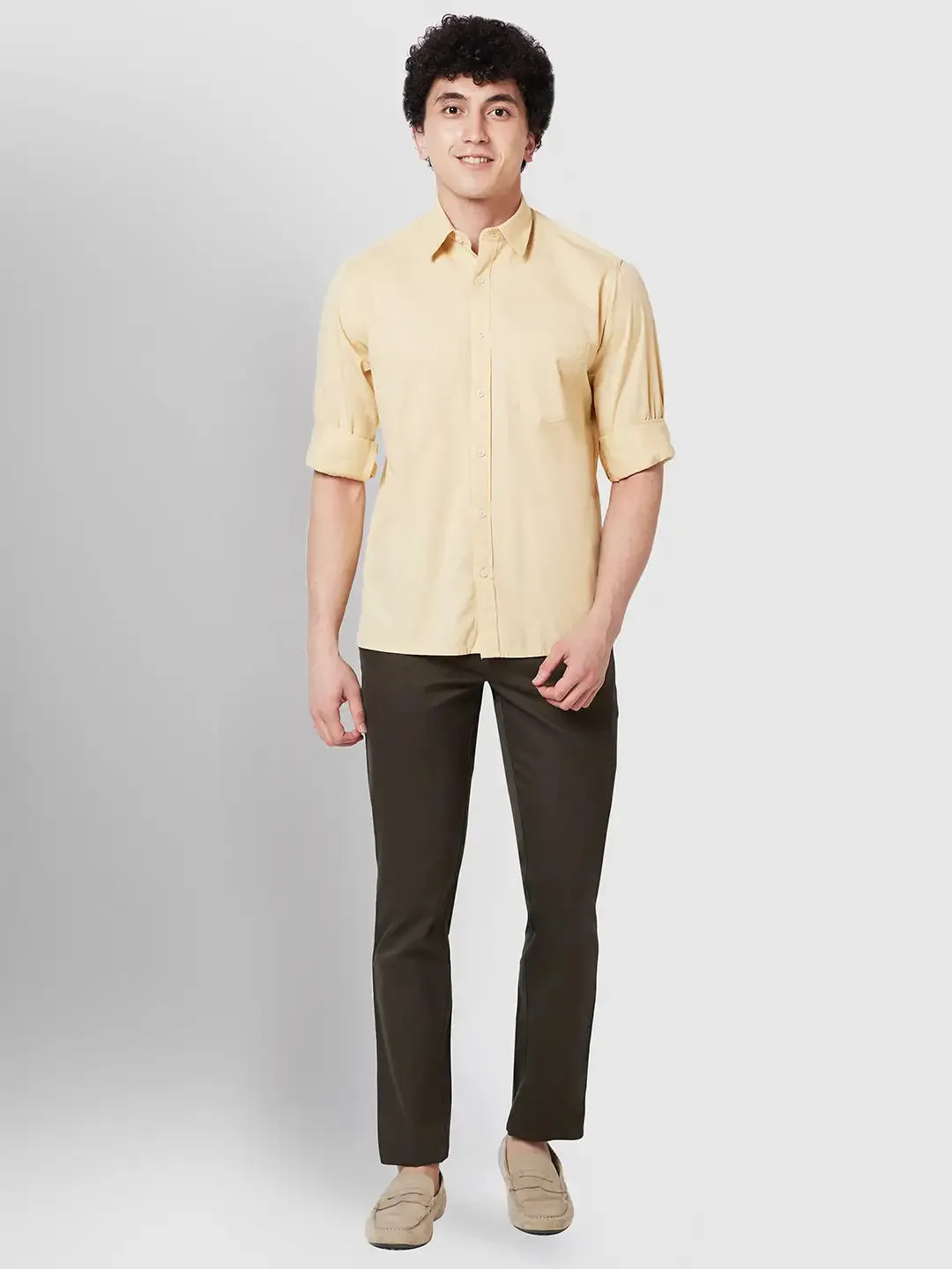 Men Yellow Comfort Fit Twill Cotton Full Sleeve Shirts