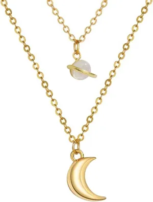 Moon and Saturn Pendant Necklace Set Double Chains Moon and Saturn Layered Choker Necklace Gold Plated Moon Necklace Natural Opal Necklace Jewelry Gift for Women