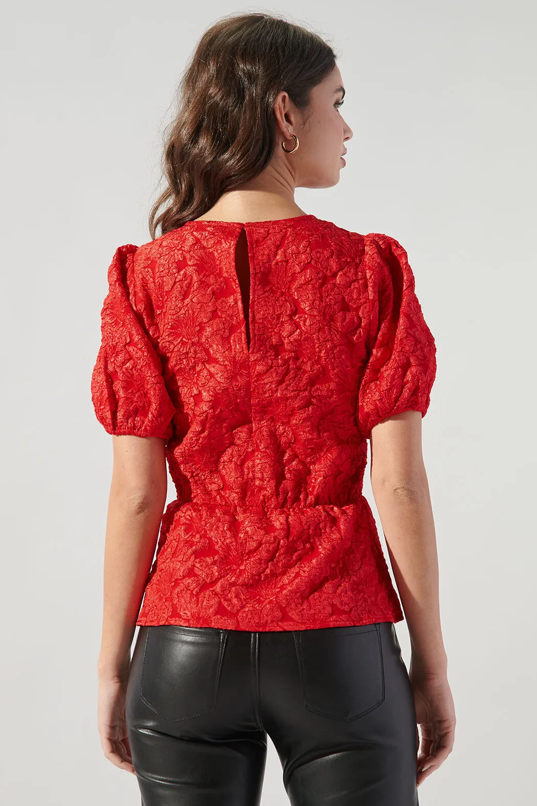 Nohemi Embossed Floral Puff Sleeve Peplum Top