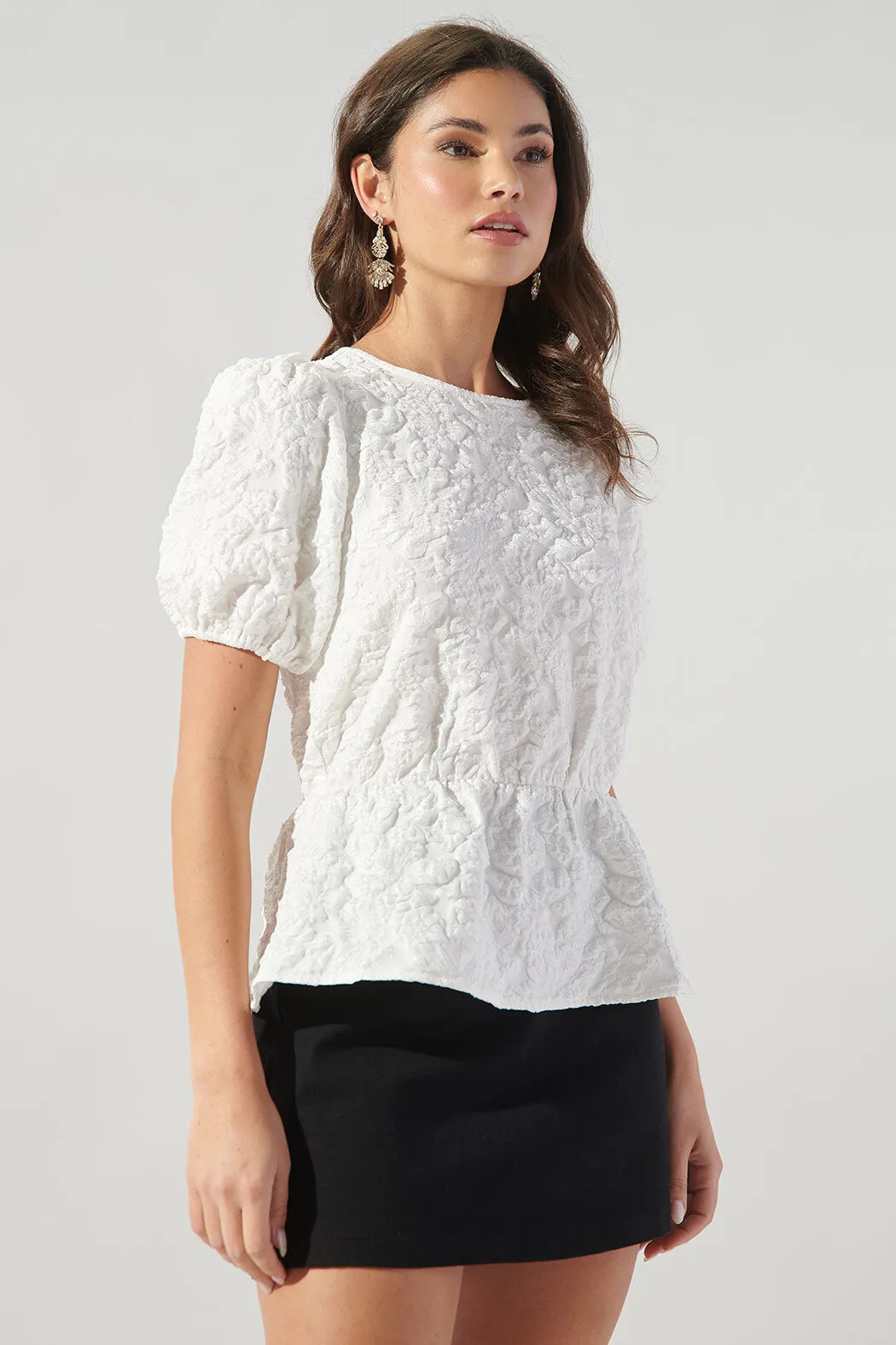 Nohemi Embossed Floral Puff Sleeve Peplum Top