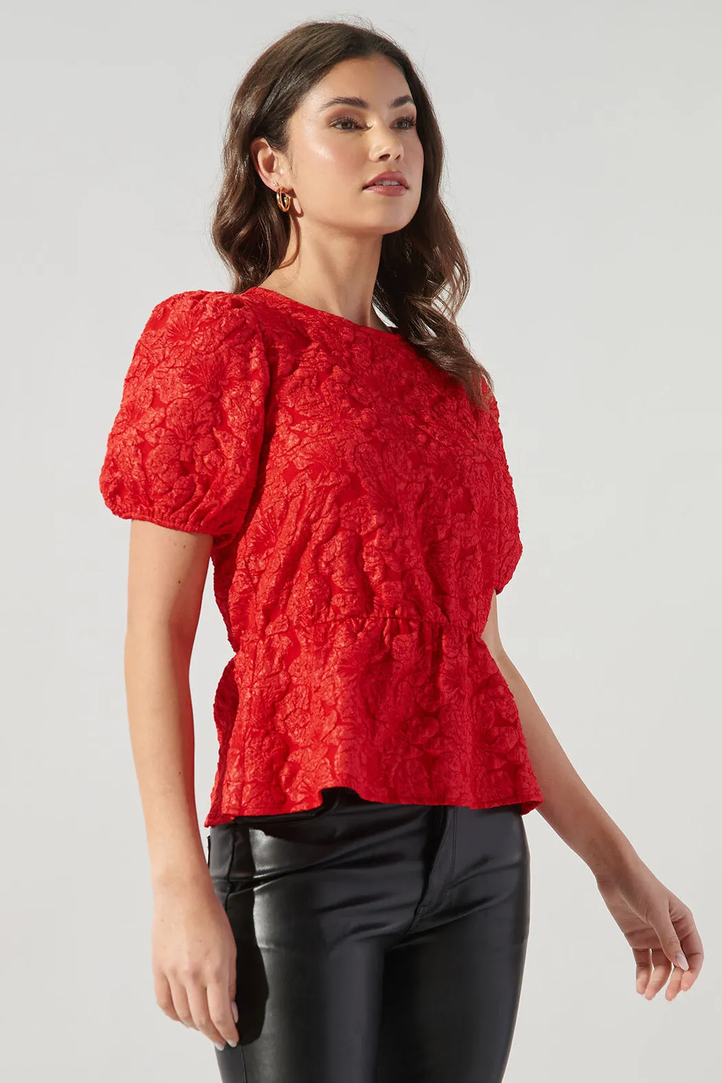 Nohemi Embossed Floral Puff Sleeve Peplum Top
