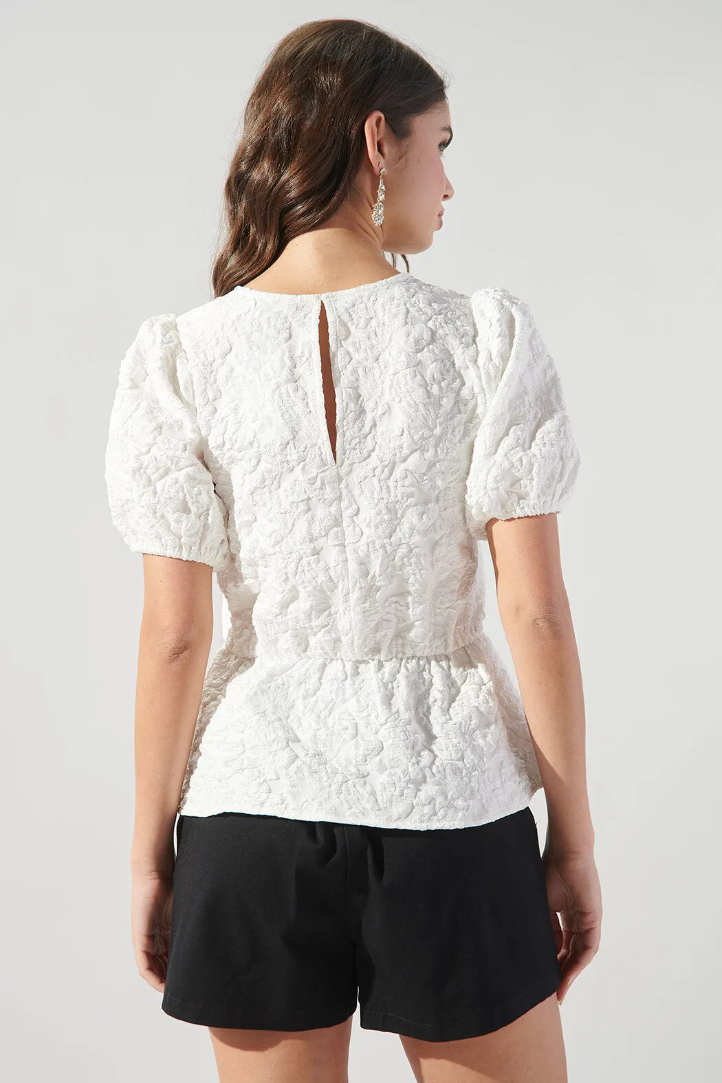 Nohemi Embossed Floral Puff Sleeve Peplum Top